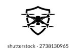 A black vector illustration of a four-rotor drone positioned centrally within a shield outline. The artwork is simple and graphic, suitable for various applications.