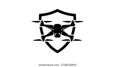 A black vector illustration of a four-rotor drone positioned centrally within a shield outline. The artwork is simple and graphic, suitable for various applications.