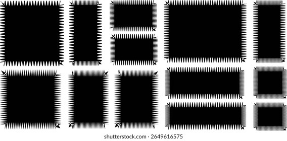 	
Black Vector illustration frames. Geometric shapes stickers with zigzag wavy. Set of frames with edge, scallop edge shapes set of photo frames zigzag edge shapes	
