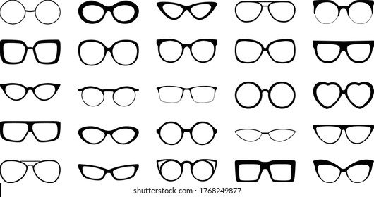 Black vector illustration of front view of different styles and shapes of glasses frames with no lenses.