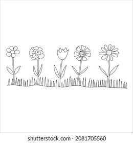 Schwarze Vektorgrafik einer Gruppe von fünf verschiedenen Blumen mit Blättern und Gras einzeln auf weißem Hintergrund