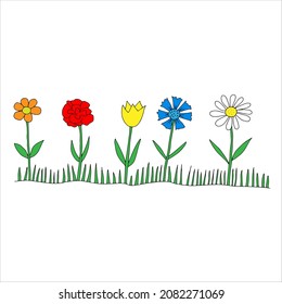 Black Vector illustration of a group of five colored different flowers with leaves and grass isolated on a white background