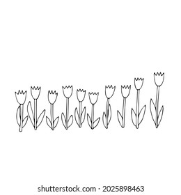A Black Vector illustration of a group of tulip flowers with leaves isolated on a white background