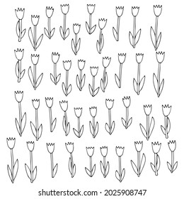 A Black Vector illustration of a group of tulip flowers with leaves isolated on a white background