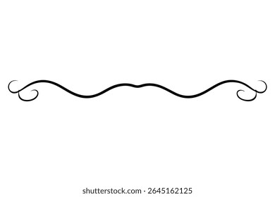 Une illustration vectorielle noire d'un diviseur de tourbillon de style manuscrit sur fond blanc Le design comporte une ligne ondulée avec des tourbillons décoratifs à chaque extrémité.