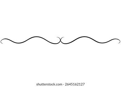 A black vector illustration of a handwritten style swirl divider on a white background The design features a continuous line with elegant curves and a central flourish.