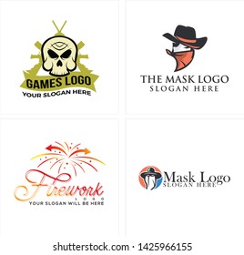 Black vector illustration head skull firework and man mask logo design suitable for games recreational business shop logo