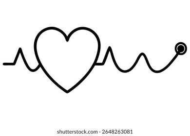 Ilustração de vetor preto de uma forma de coração com uma linha de batimento cardíaco e estetoscópio. Estilo de arte de linha simples em fundo branco.