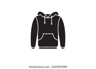 Black vector illustration of a hoodie in a minimalist silhouette style. Ideal for fashion design, streetwear branding, clothing store graphics, casual wear icons, and urban culture themes