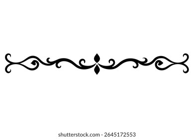 A black vector illustration of a horizontal decorative divider featuring a central floral motif and symmetrical swirling patterns on either side against a white background.