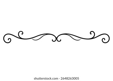 A black vector illustration of a horizontal scrollwork design element on a white background The design features symmetrical swirls and curves creating an elegant and ornate pattern