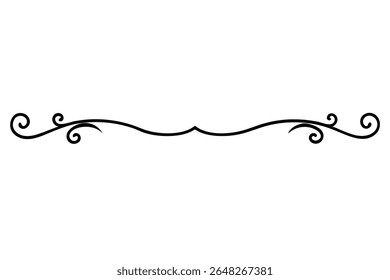 Ilustração vetorial em preto de um separador horizontal com redemoinhos estilizados em estilo renascentista. O design é simples e elegante com um fundo branco.