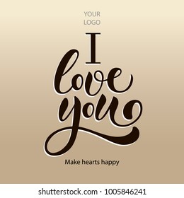Black vector illustration of "I love you" calligraphy on simple beige background for Valentines Day as booklet, brochure, prospectus. Greeting card, Calligraphy banner for ad, offer, coupon
