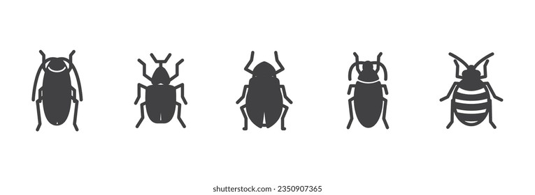 Black Vector Illustration icon of insect pest. flying insects and beetles. pest icon isolated on white background, Insects flat icon collection. vector illustration of an insect, beetle, cockroach,