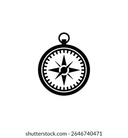 Black vector illustration of an isolated classic compass. Image shows a simple navigational instrument for direction, exploration, and wayfinding on a white background.
