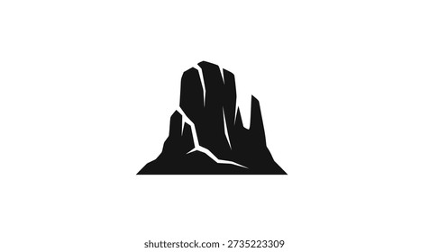 A black vector illustration of a jagged rock formation resembling a butte or mesa. The graphic is isolated on a white background and depicts a stylized natural landscape element. Editable vector file.