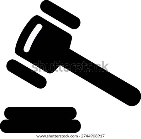 Black vector illustration of judge hammer hitting sound block, legislation symbol, judicial power graphic, trial and punishment representation, government and rule of law element