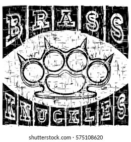 Black vector illustration knuckles on abstract grunge background. Inscription brass knuckles. For t-shirt design.