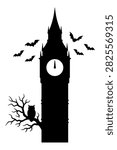 Black vector illustration of a landmark tower with night animals, bare tree and clock face.