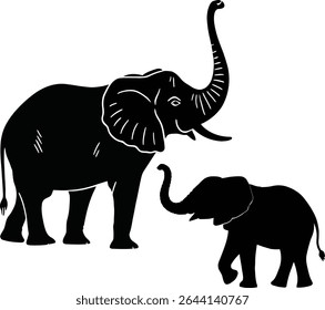 Black vector illustration of a large wild elephant walking alongside baby elephants, isolated on a white background.