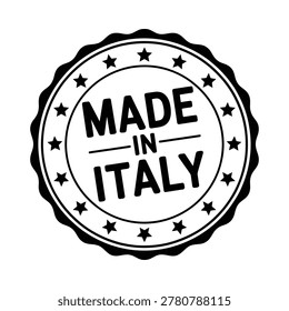 Black vector illustration of a 'Made in Italy' label with a star-shaped border on a