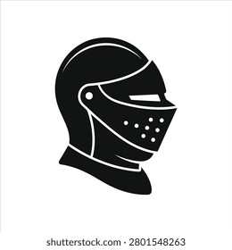 A black vector illustration of a medieval knight's helmet with a visor and ventilation holes, in a modern minimalist style on a white background.