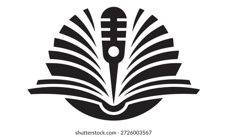 Ilustração de vetor preto de um microfone emergindo de um livro aberto com folha abstrata como design em fundo branco