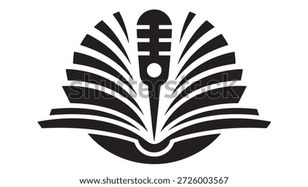 Black vector illustration of a microphone emerging from an open book with abstract leaf like design on white background
