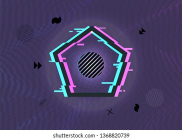 Black vector illustration of minimal geometric broken pentagon shape frame with glitch effects brending design. Modern video graphic style element for design banners poster cover card flyer brochure. 