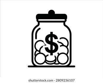 Black vector illustration of a money jar filled with coins and a dollar sign for saving and finance concepts in a simple modern design style