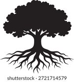 Black vector illustration of an old oak tree silhouette featuring a strong trunk, exposed roots, and branches.