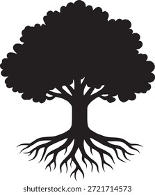 Ilustración vectorial negra de una vieja silueta de roble con un fuerte tronco, raíces expuestas y ramas.