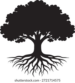 Ilustración vectorial negra de una vieja silueta de roble con un fuerte tronco, raíces expuestas y ramas.