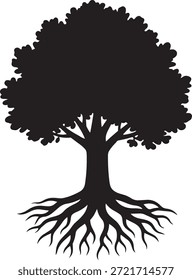 Ilustración vectorial negra de una vieja silueta de roble con un fuerte tronco, raíces expuestas y ramas.