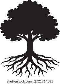 Ilustración vectorial negra de una vieja silueta de roble con un fuerte tronco, raíces expuestas y ramas.