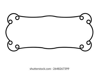 A black vector illustration of an old-fashioned frame with decorative swirls on a white background. The frame is simple and elegant with a slightly wavy bottom.
