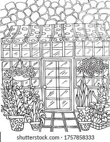 Black vector illustration on a white background for coloring with shop, flowers, door, lamp, windows, brickwork. Vector illustration for coloring, for greeting cards, posters, stickers, design.
