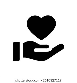A black vector illustration of an open hand supporting a heart symbol above it. This artwork conveys themes of love, care, and support in a minimalist style suitable for various contexts.