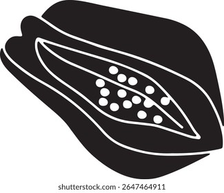 Black vector illustration of a papaya half, cut lengthwise, revealing seeds. This stylized icon is suitable for designs needing a fruity, tropical, or healthy food element.
