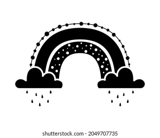 Ilustración vectorial negra del arco iris con nubes lluviosas. Arcoiris, nubes y lluvias caen sobre un icono monocromo dibujado a mano. Elemento de clima natural glifo. Para afiches, imprenta, habitación de guardería o tarjeta.
