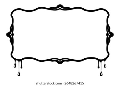 A black vector illustration of a rectangular frame with an ornate design and ink drip effect at the bottom. The style is simple and bold.
