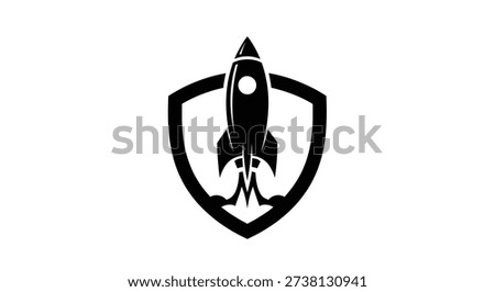 Black vector illustration of a rocket ship launching from within a shield outline. The rocket has fins and a circular window. Suitable for print and web.