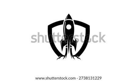 A black vector illustration of a rocket ship in silhouette, launching upwards from stylized flames. It is centered within a shield outline. The artwork is an editable vector, suitable for various applications.