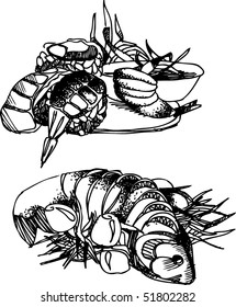 Black vector illustration of seafood, fishes and sushi