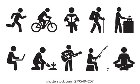 Black vector illustration set of human stick figure pictograms showing various daily life leisure activities and hobbies including running cycling reading hiking cooking working gardening playing guitar fishing and meditation for modern graphic design projects and user interface concepts created with bold clean minimalist style lines