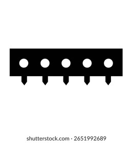 Uma ilustração de vetor preto de um ícone de furo de prateleira contra um fundo branco O ícone representa uma forma retangular com cinco furos circulares e cinco pinos apontando para baixo