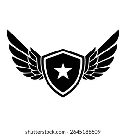 A black vector illustration of a shield with wings and a white star centered on the shield against a white background. The style is simple and bold.
