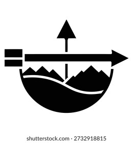 Uma ilustração de vetor preto mostra uma seta perfurando através de uma paisagem de montanha dentro de um semicírculo, simbolizando a superação de obstáculos.