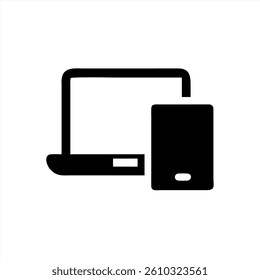 A black vector illustration shows a laptop and a smartphone side by side on a white background. The design highlights modern technology devices for digital communication and work.