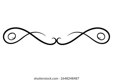A black vector illustration shows a symmetrical spiraled curve on a white background The style is simple and elegant